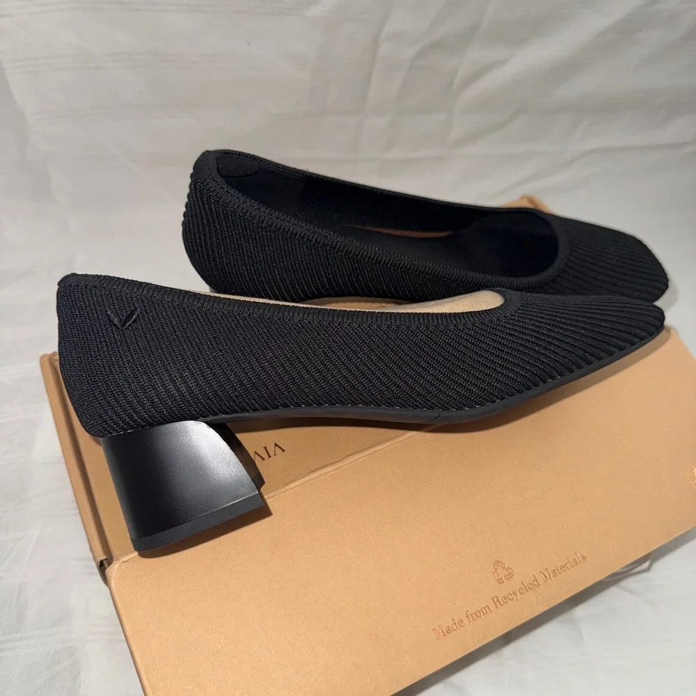 VIVAIA‎ Black Knit Square Toe Block Chunky Heel Pumps Women's Size 7-7.5 EUR38.5